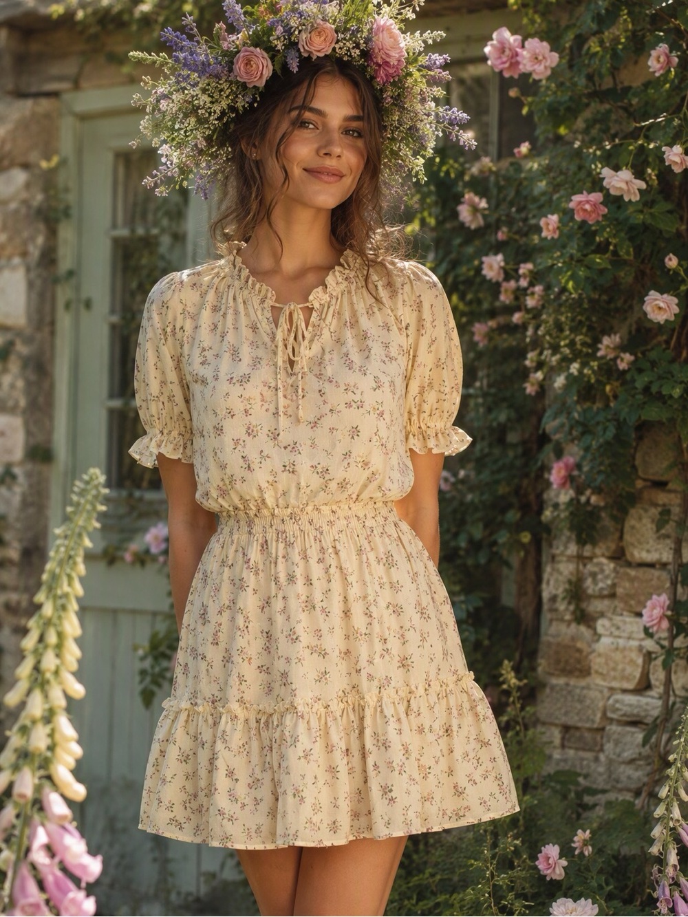 #Bridgerton vibes Inspired Hearts Yellow Floral Ruffle Tie-Neck Dress